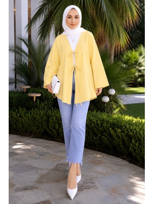 İmaj Butik Açık Sarı Ön Bağlamalı Kimono