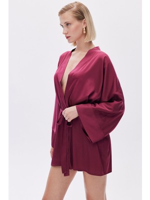 Feu De Elu Fumée Vişne Çürüğü Kısa Saten Sabahlık / Kimono