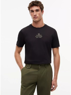 Tommy Hilfiger Erkek Normal Kalıp Yuvarlak Yakalı Logo Baskılı Pamuklu Kısa Kollu Siyah T-Shirt MW0MW43227-BDS