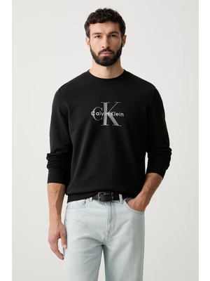 Calvin Klein Erkek Regular Fit Yuvarlak Yakalı Logo Baskılı Pamuklu Uzun Kollu Siyah Sweatshirt LV04RG278G-UB1