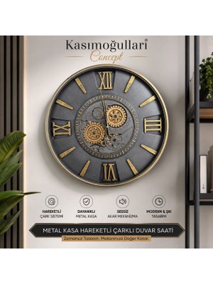 Kasımoğulları Concept Metal Kasa Hareketli Çarklı Duvar Saati – Dekoratif Vintage Endüstriyel Tasarım