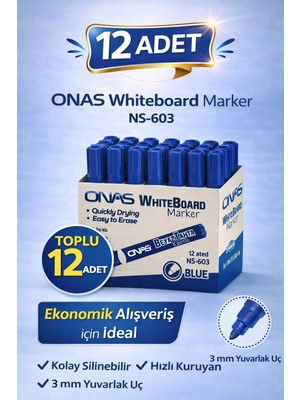 Onas Whiteboard Marker NS-603 Mavi Tahta Kalemi 3 mm Yuvarlak Uç 12 Adet