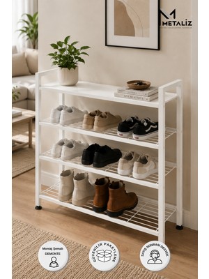 Metaliz Loft 4 Katlı Siyah Metal Ayakkabılık, Beyaz Ahşap Mdf Tablalı, Çok Amaçlı Ayakkabı Düzenleyici, 77X30X70 cm