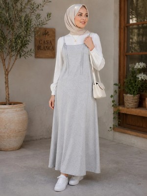 El Moda Kadın Gri Melanj 2 Iplik Askılı Ayarlanabilir Jile Elbise