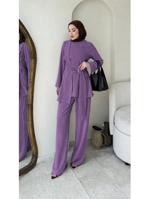 Miraydin Butik Kadın Kemer Detaylı Yandan Bağlamalı Pantolonlu Takım M2633 - Mor