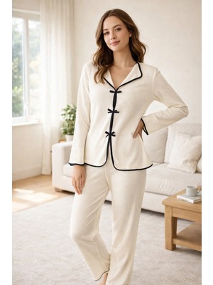 El Moda Kadın Ekru Pamuk Dokuma Biye ve Fiyonk Detaylı Pijama Takımı