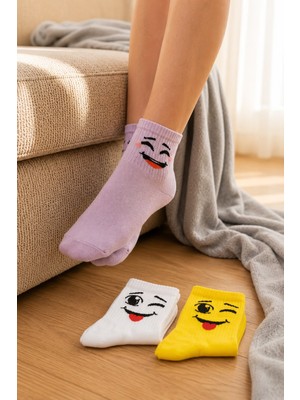 Kız Çocuk Emoji Desenli Renkli Pamuklu Soket Spor Çorap 3’lü Paket – Yumuşak ve Nefes Alan Günlük Kullanım