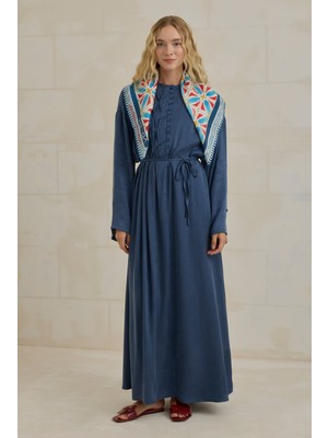 HE-QA Nervür Motifli Liyosel Abaya Kot Mavi