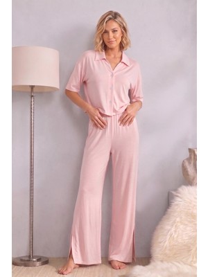 Bella Notte Viskon Pembe Kısa Kollu Yırtmaç ve Düğme Detaylı Yazlık Kadın Pijama Takımı