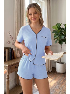 Bella Notte Bebe Mavisi Kısa Kollu V Yaka Biye Detaylı Pijama Takımı