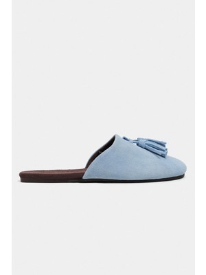 Nişantaşı Shoes Nella Bebe Mavi Hakiki Süet Deri Püskül Detay Düz Taban Kadın Terlik
