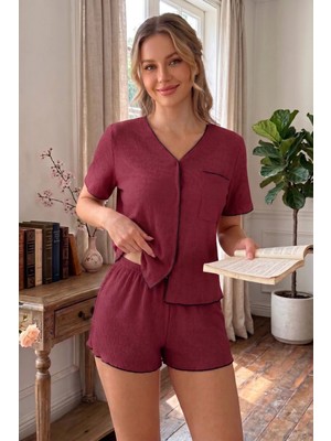 Bella Notte Bordo Kısa Kollu V Yaka Biye Detaylı Pijama Takımı