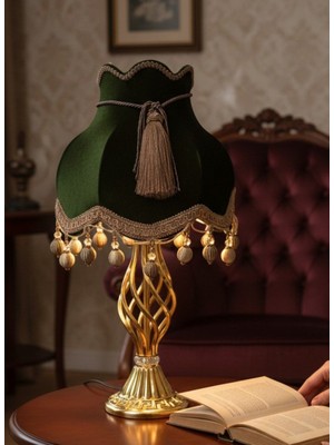 dekovien Haki Kadife Kaplı Gold Işlemeli Başlık Metal Burgulu Gold Ayaklı Klasik Model Abajur 50X30CM
