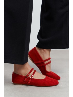 Nişantaşı Shoes James Kırmızı Süet Deri Düz Taban Kadın Babet