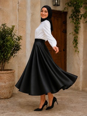 El Moda Kadın Ribanalı Şort Astarlı Saten Tam Daire Mevlana Etek