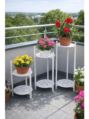 RetoDesign 3 Boy Beyaz Metal Tepsili Çiçeklik, Çiçek Rafı 1496