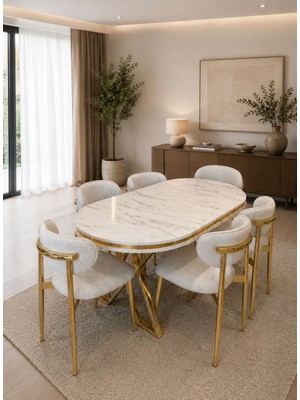 Toce Home Gold Serisi Beyaz Mermer Desenli Mdf  Masa ve 6 Sandalyeli Yemek Masası Takımı