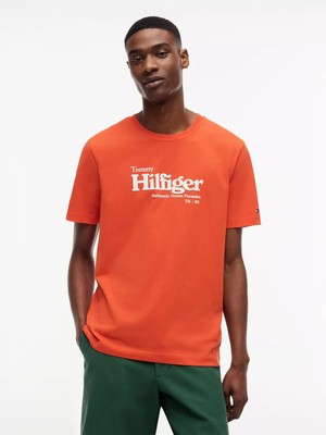 Tommy Hilfiger Erkek Normal Kalıp Logo Baskılı Yuvarlak Yakalı Pamuklu Kısa Kollu Turuncu T-Shirt MW0MW43448-SCX