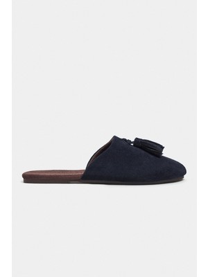 Nişantaşı Shoes Nella Lacivert Hakiki Süet Deri Püskül Detay Düz Taban Kadın Terlik