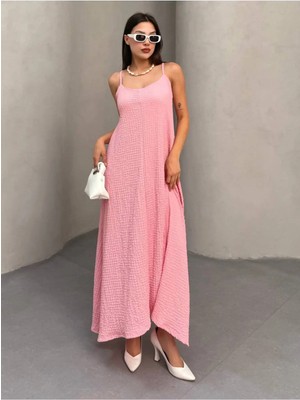 Asalya Kadın Pembe Ayarlanabilir Askılı Gofre Kumaş Yazlık Elbise