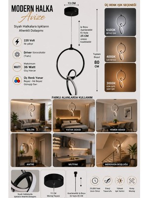 Dmr Ahenk Halka Sarkıt LED Avize Siyah Kasa Üç Renk 6500K/4000K/3000K (Beyaz /ılık Beyaz/sarı (Günışığı)