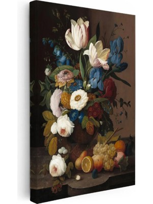 Kanvas Tablo Severin Roesen Lale ve Meyve Tabağı Beyaz Gül Detayı Ressam Tablosu Duvar Dekoru 35 x 50 Kanvas Tablo 1