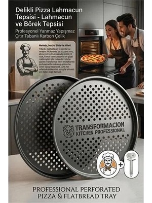 Uravas Store Profesyonel Delikli Pizza Tepsisi 32 cm - Yanmaz Yapışmaz Çıtır Tabanlı Karbon Çelik Lahmacun ve Bö