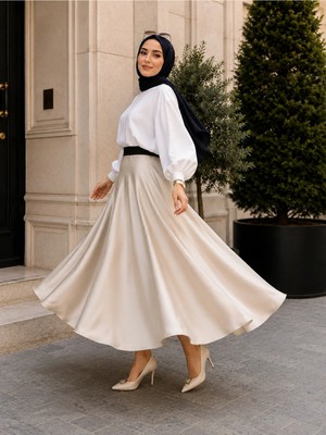 El Moda Kadın Ribanalı Şort Astarlı Saten Tam Daire Mevlana Etek