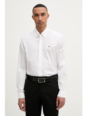 Tommy Hilfiger Erkek Regular Fit Ikonik Logo Bayrak Logolu Pamuklu Uzun Kollu Beyaz Gömlek MW0MW42936-YBR