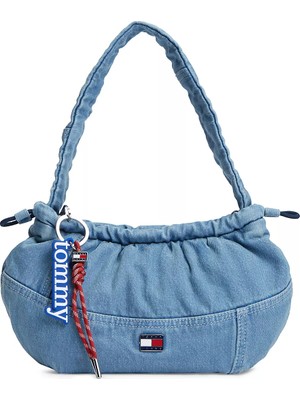 Tommy Hilfiger Kadın Denim Kumaş Fermuar Kapama Tommy Logo Aksesuar Denim Omuz Çantası AW0AW18883-1A4