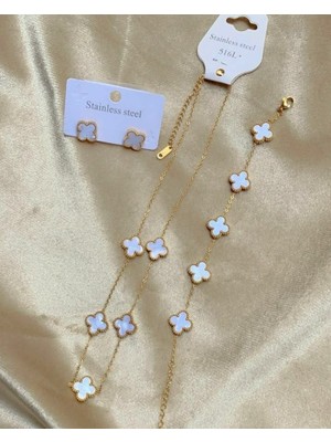 Üçlü Yonca Beyaz Taşlı Set