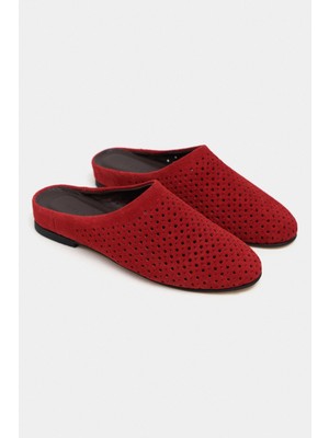 Nişantaşı Shoes Palya Kırmızı Süet Zımbalı Hakiki Deri Düz Taban Kadın Terlik