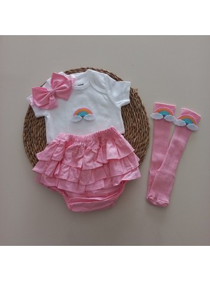 Mars Baby Kız Bebek Pembe Gökkuşaklı Fırfır Şort Etek Bodyli Çorap Takımı