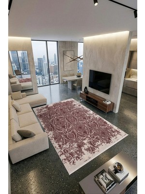 Cotto Home Ipeksi IP025L Gri Bordo Modern Desen Pamuk Taban Salon Mutfak Halısı Tozu Yok