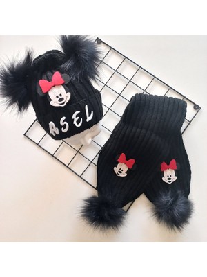 Mars Baby Bebek Kız Çocuk Isimli Kişiye Özel Siyah Kırmızı Minnie Çift Ponponlu Atkı Bere Takımı