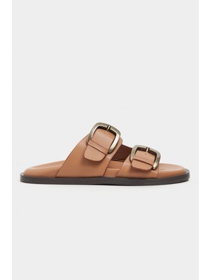 Nişantaşı Shoes Ting Açık Taba Mat Çift Toka Detay Düz Taban Kadın Terlik