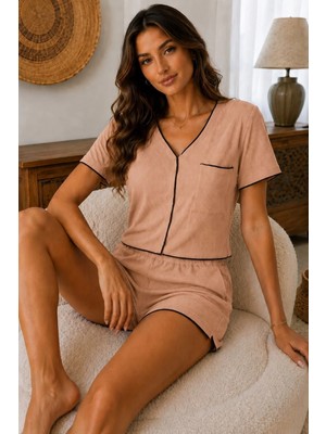 Bella Notte Yavruağzı Kısa Kollu V Yaka Biye Detaylı Pijama Takımı