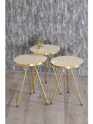 Zigon Sehpa 3'lü Gold Metal Ayak Krem Gold