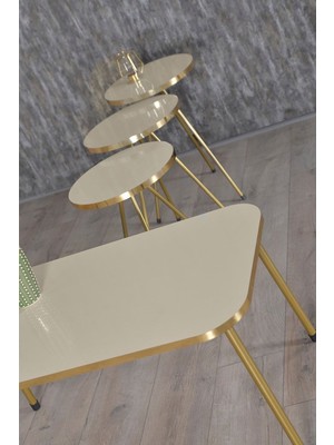 Zigon Sehpa ve Orta Sehpa Kr Gold Metal Ayak Gold Krem Set