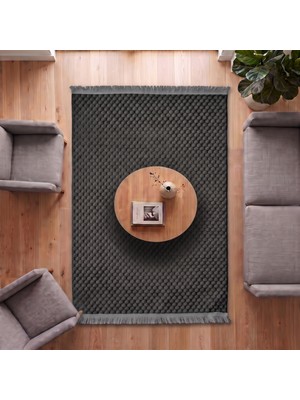 Derya Home Koridor Eva Antrasit Kabartmalı Peluş Halı Saçaklı