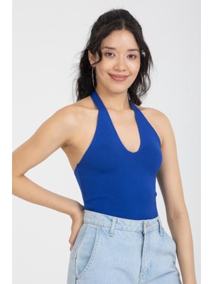 Paradice Kadın Askılı Beli Açık Crop Bluz Mavi