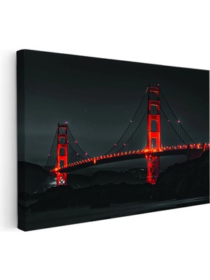 Kanvas Tablo Golden Gate Köprüsü Gece Aydınlatması Şehir Mimari Tablo Ev Ofis Duvar Dekoru 35 x 50 Kanvas Tablo 1