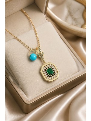 Lykos Vintage Esintili Geometrik Madalyon Pirinç Kolye - Top Zincirli Kolye