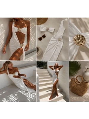 DG Kadın Beyaz Tek Omuzlu Bikini Takımı Gold Tokalı Pareolu 3 Parça Plaj Seti