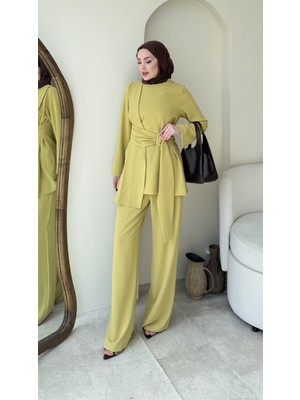 Miraydin Butik Kadın Kemer Detaylı Yandan Bağlamalı Pantolonlu Takım M2633 - Yağ Yeşili