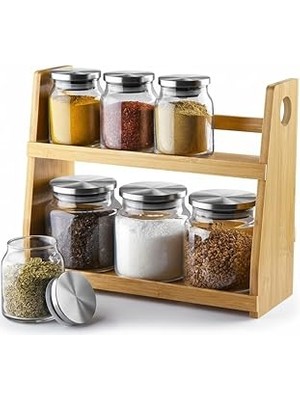 Uravas Store Deconox 8 Parça Borosilikat Cam Baharatlık Seti (700 Ml) - Paslanmaz Çelik Kapaklı ve Bambu Kapak S