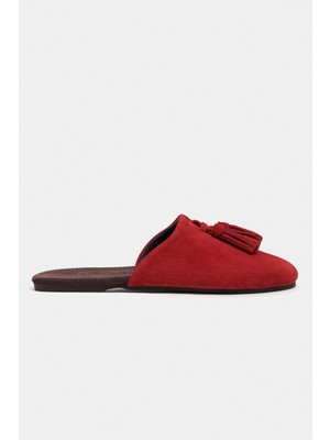 Nişantaşı Shoes Nella Kırmızı Hakiki Süet Deri Püskül Detay Düz Taban Kadın Terlik