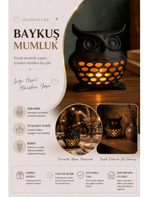 Morbella Baykuş Formlu Mumluk, Loş Atmosfer Için Konsol ve Kitaplık Dekoru Dekoratif Obje
