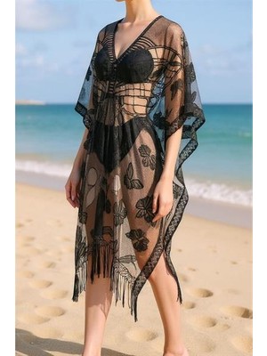 Siyah Düz Renk Kelebek Model Pareo
