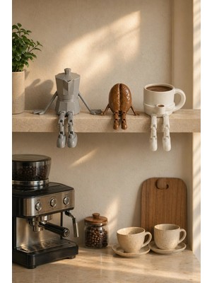 Morbella Moka Pot ve Kupa Figürlü 3’lü Kahve Köşesi Konsol Üstü Obje Seti Minimal Dekor Dekoratif Obje